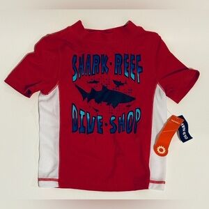Old Navy Red and White Shark Reef Dive Shop Rash Guard Shirt, Size 18-24 Months